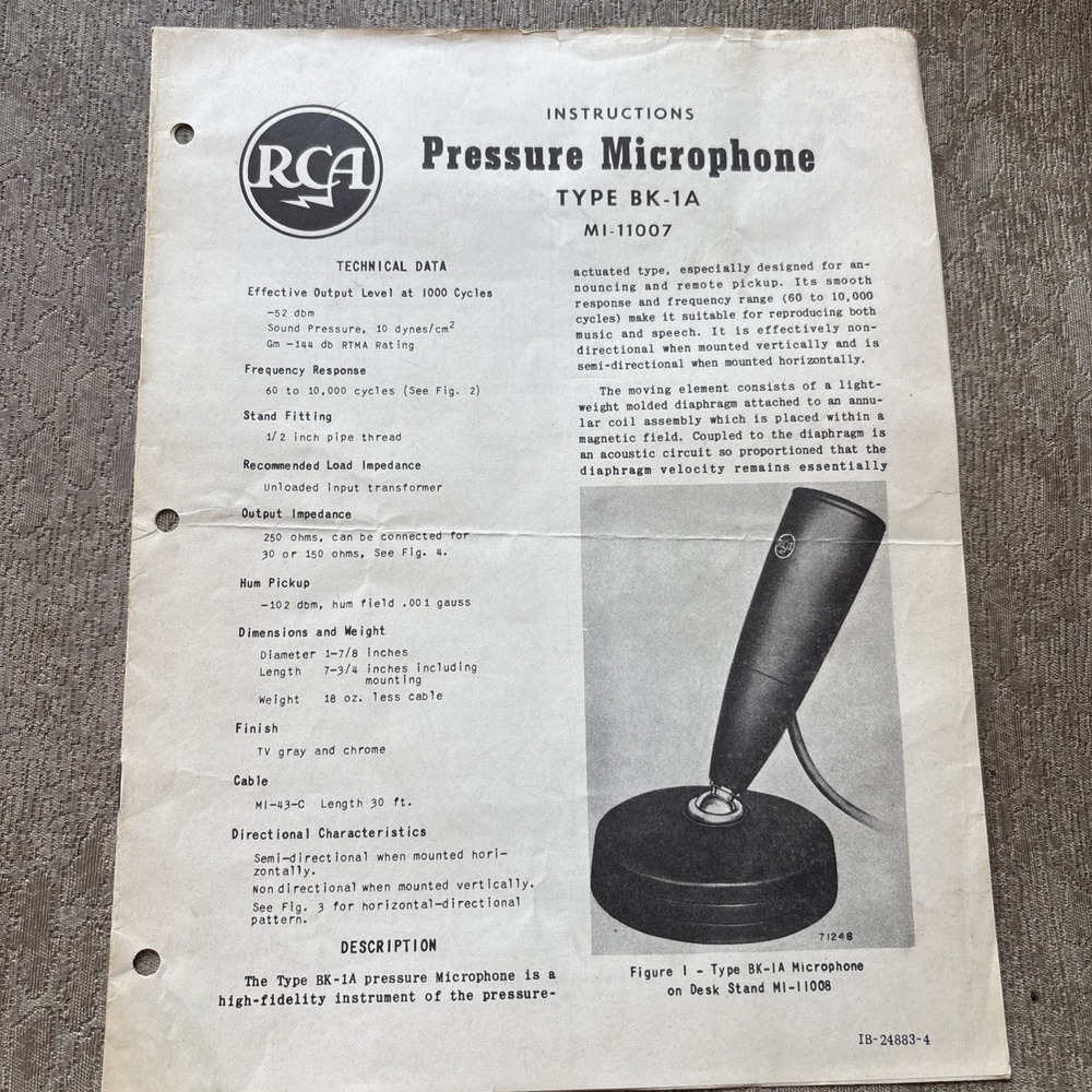 RCA Type BK-1A Microphone Original Owners Manual Schematics Data Sheet